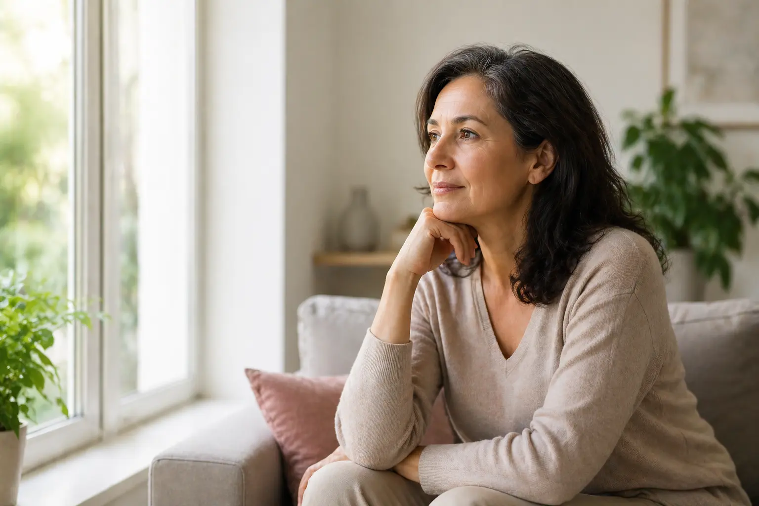 Middle-aged woman sitting calmly near a window in a softly lit room, representing menopause awareness and women’s health.