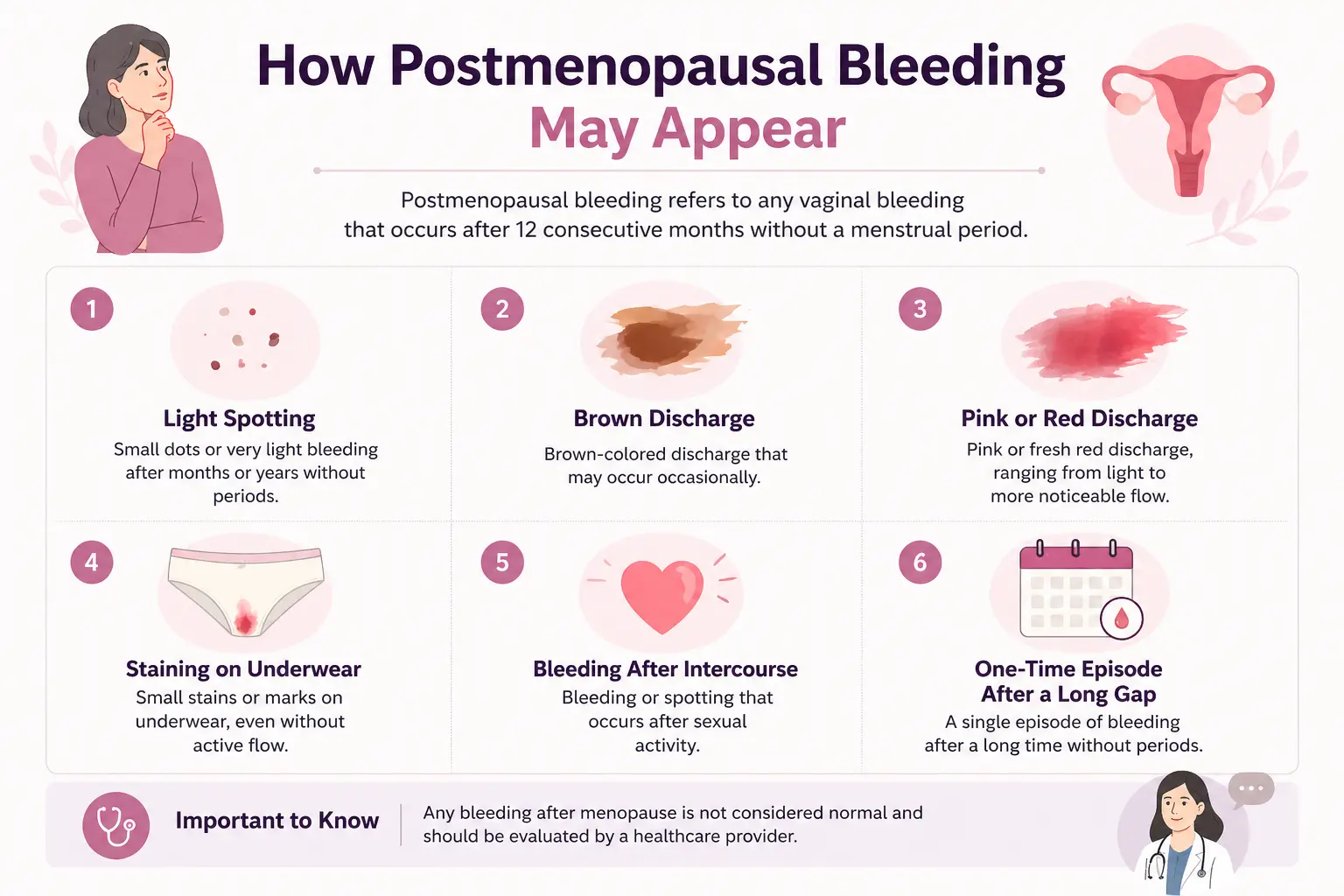 Medical infographic showing different forms of postmenopausal bleeding, including spotting, discharge, and bleeding after menopause.